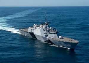 The Littoral Combat Ship USS Freedom (LCS 1) conducting sea trials off the coast of Southern California in 2013. The Freedom variant of LCS is built by Lockheed Martin.  (U.S. Navy photo by Mass Communication Specialist 1st Class James Evans)
