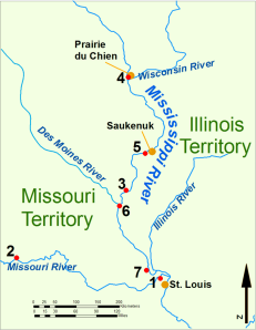 The Upper Mississippi River during the War of 1812. 1: Fort Bellefontaine U.S. headquarters; 2: Fort Osage, abandoned 1813; 3: Fort Madison, defeated 1813; 4: Fort Shelby, defeated 1814; 5: Battle of Rock Island Rapids, July 1814 and the Battle of Credit Island, Sept. 1814; 6: Fort Johnson, abandoned 1814; 7: Fort Cap au Gris and the Battle of the Sink Hole, May 1815. Map of the upper Mississippi River during the War of 1812 Key: 1: Fort Bellefontaine U.S. headquarters 2: Fort Osage, abandoned 1813 3: Fort Madison, defeated 1813 4: Fort Shelby, defeated 1814 5: Battle of Rock Island Rapids, July 1814 and the Battle of Credit Island, Sept. 1814 6: Fort Johnson, abandoned 1814 7: Fort Cap au Gris and the Battle of the Sink Hole, May 1815. (Map by Bill Whittaker via Wikipedia) 