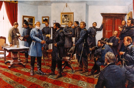"The Surrender" by Keith Rocco shows the known officers that were present for at least a portion of the meeting in the McLean Parlor, April 9, 1865. Photo National Park Service)